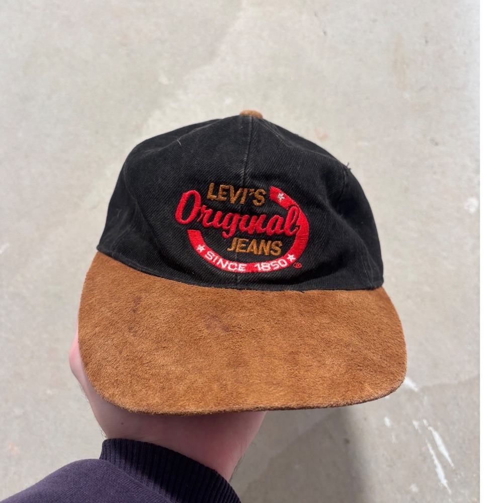 Vintage Levis Original Jeans Hat Black Brown Suede Brim Strapback Cap